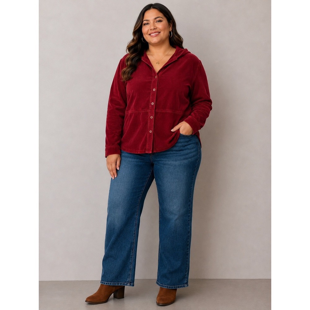 Dressbarn Woman Red Corduroy Hooded‎ Button Front Shirt Jacket Plus Size 2X